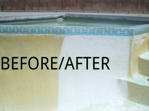 PoolStar acid wash before and after — stained yellow plaster on the left, brightened white plaster on the right